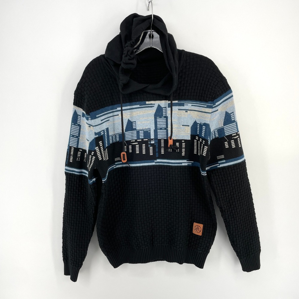 Mens Waffle Knit Hooded Sweater Black Skyline Cityscape Graphic Size M‎